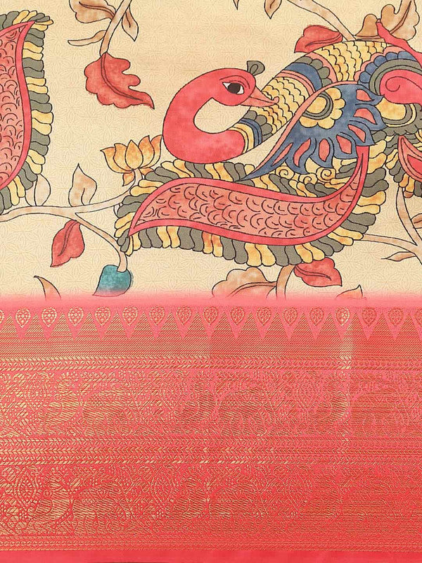 Beige Art Silk Printed Kalamkari Saree with Unstitched Blouse - Hiral Fashion
