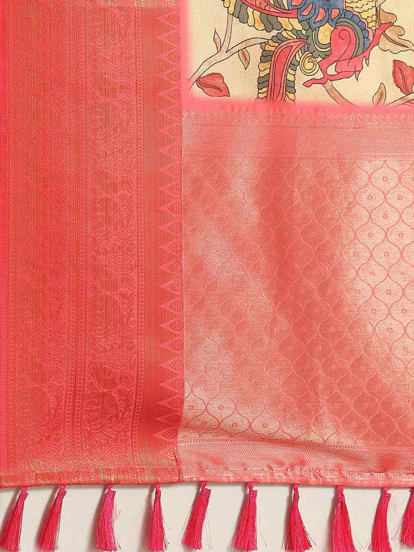 Beige Art Silk Printed Kalamkari Saree with Unstitched Blouse - Hiral Fashion