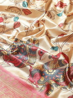 Beige Art Silk Printed Kalamkari Saree with Unstitched Blouse - Hiral Fashion