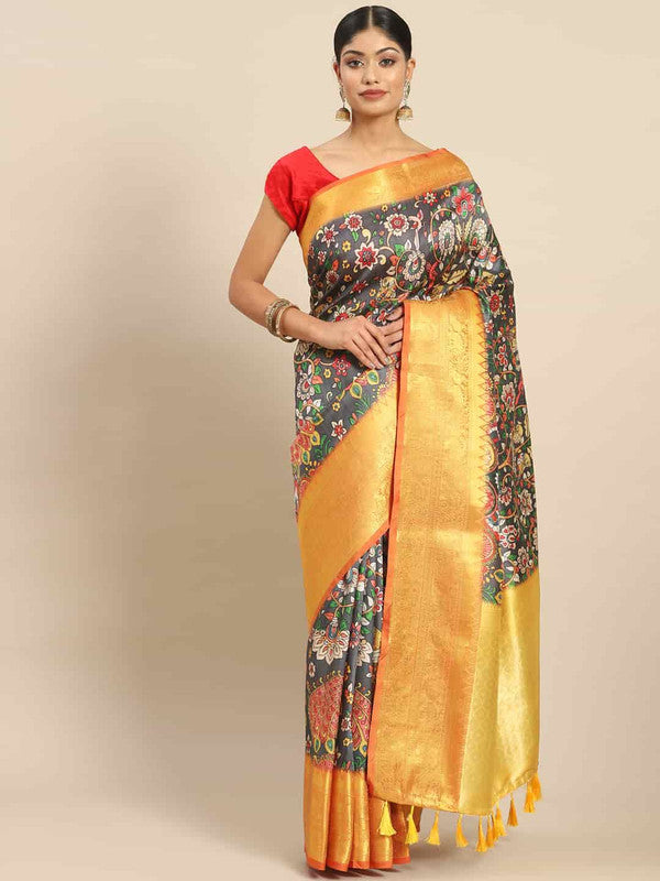 Black Art Silk Printed Kalamkari Saree with Unstitched Blouse - Hiral Fashion