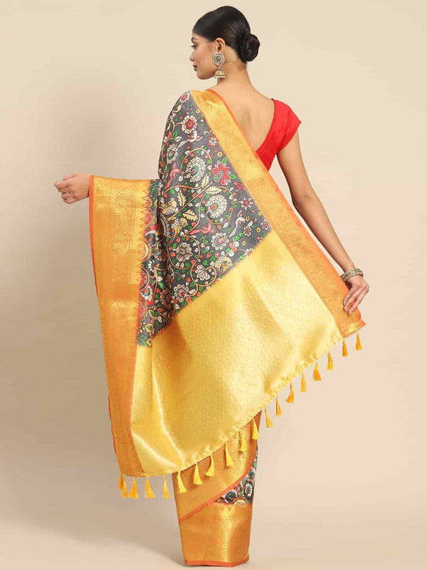 Black Art Silk Printed Kalamkari Saree with Unstitched Blouse - Hiral Fashion