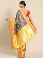 Black Art Silk Printed Kalamkari Saree with Unstitched Blouse - Hiral Fashion