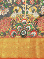 Black Art Silk Printed Kalamkari Saree with Unstitched Blouse - Hiral Fashion