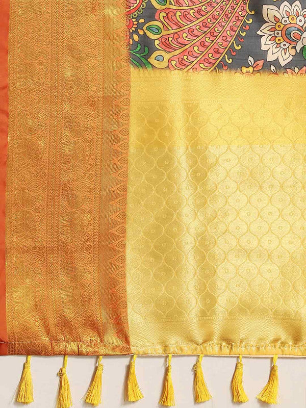 Black Art Silk Printed Kalamkari Saree with Unstitched Blouse - Hiral Fashion