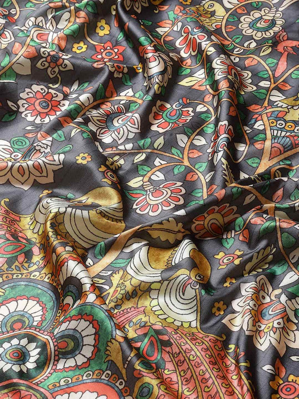 Black Art Silk Printed Kalamkari Saree with Unstitched Blouse - Hiral Fashion
