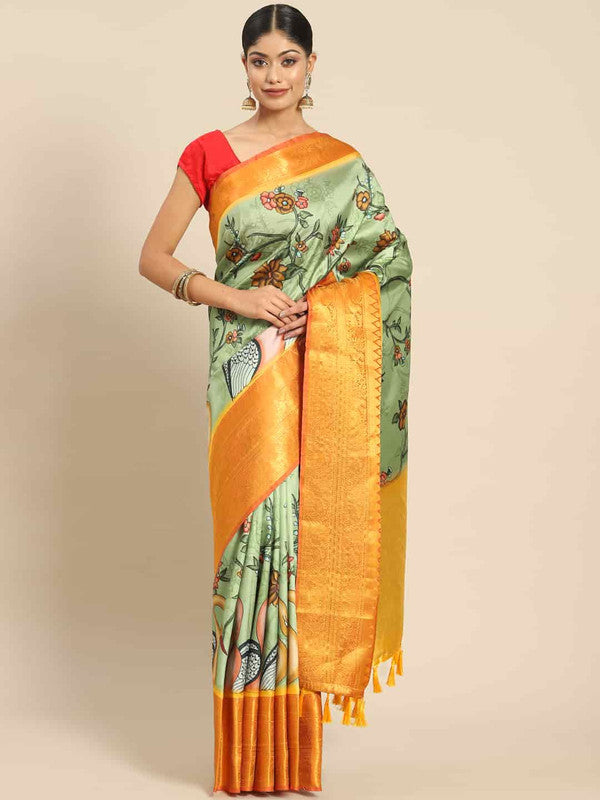 Green Art Silk Printed Kalamkari Saree with Unstitched Blouse - Hiral Fashion