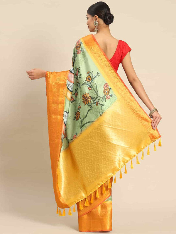 Green Art Silk Printed Kalamkari Saree with Unstitched Blouse - Hiral Fashion