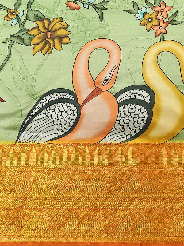 Green Art Silk Printed Kalamkari Saree with Unstitched Blouse - Hiral Fashion