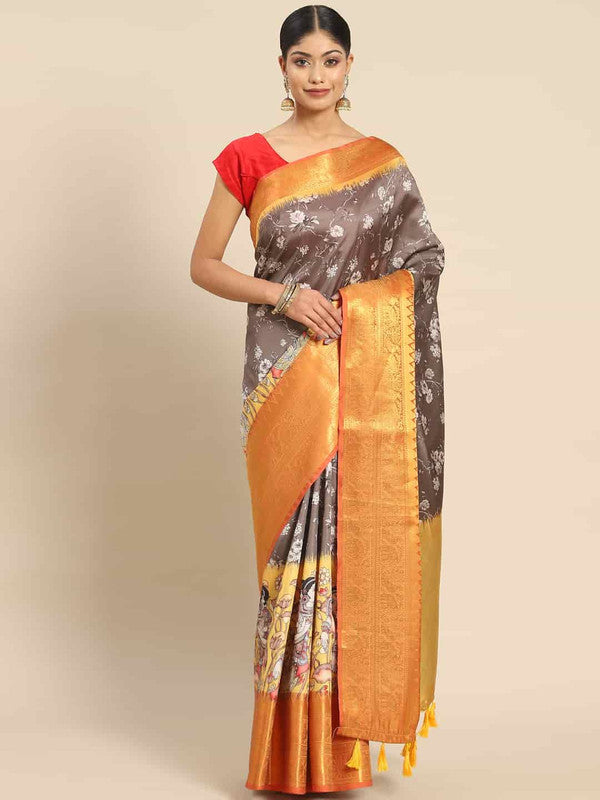 Gray Art Silk Printed Kalamkari Saree with Unstitched Blouse - Hiral Fashion