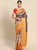 Gray Art Silk Printed Kalamkari Saree with Unstitched Blouse - Hiral Fashion