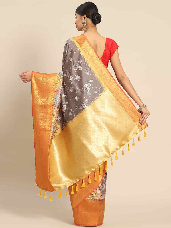 Gray Art Silk Printed Kalamkari Saree with Unstitched Blouse - Hiral Fashion