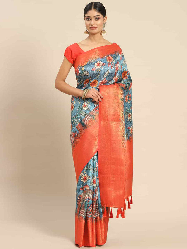 Multicolor Art Silk Printed Kalamkari Saree with Unstitched Blouse - Hiral Fashion