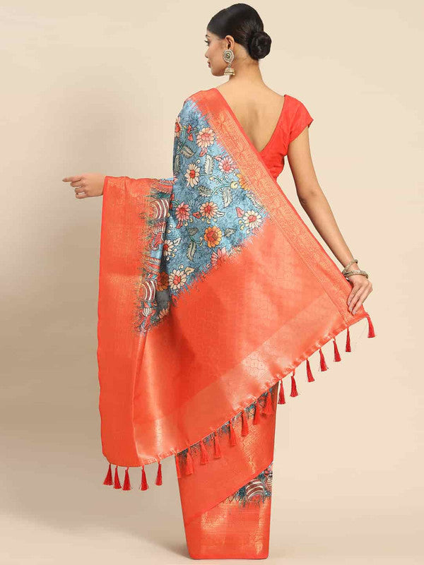 Multicolor Art Silk Printed Kalamkari Saree with Unstitched Blouse - Hiral Fashion