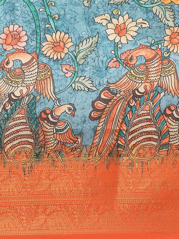 Multicolor Art Silk Printed Kalamkari Saree with Unstitched Blouse - Hiral Fashion
