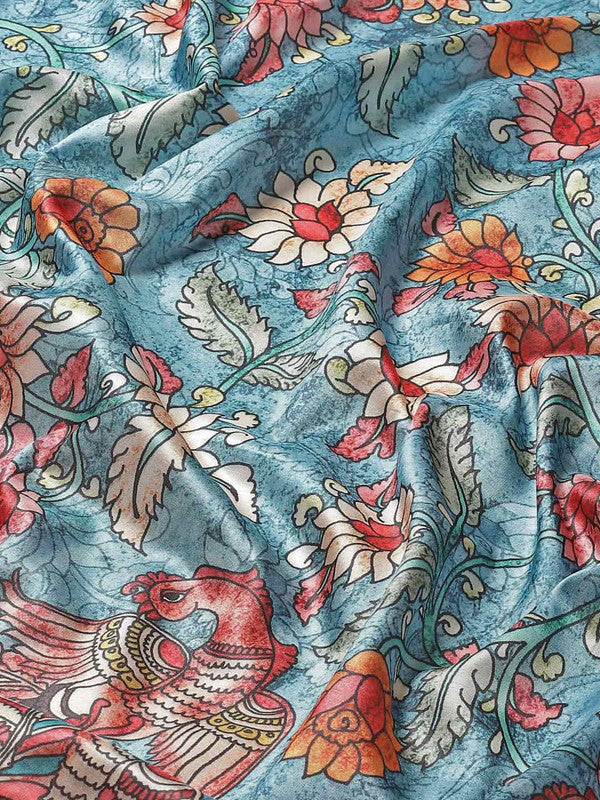 Multicolor Art Silk Printed Kalamkari Saree with Unstitched Blouse - Hiral Fashion