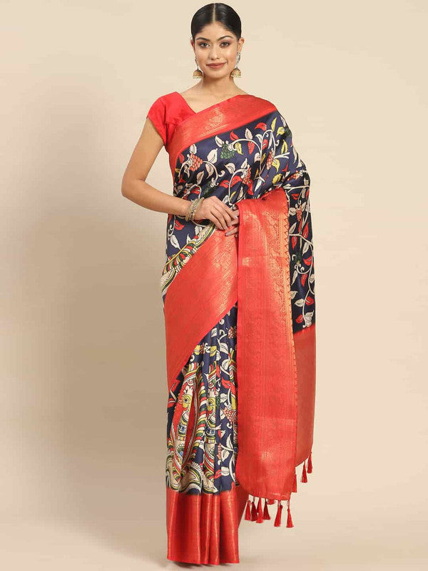 Navy Blue Art Silk Printed Kalamkari Saree with Unstitched Blouse - Hiral Fashion