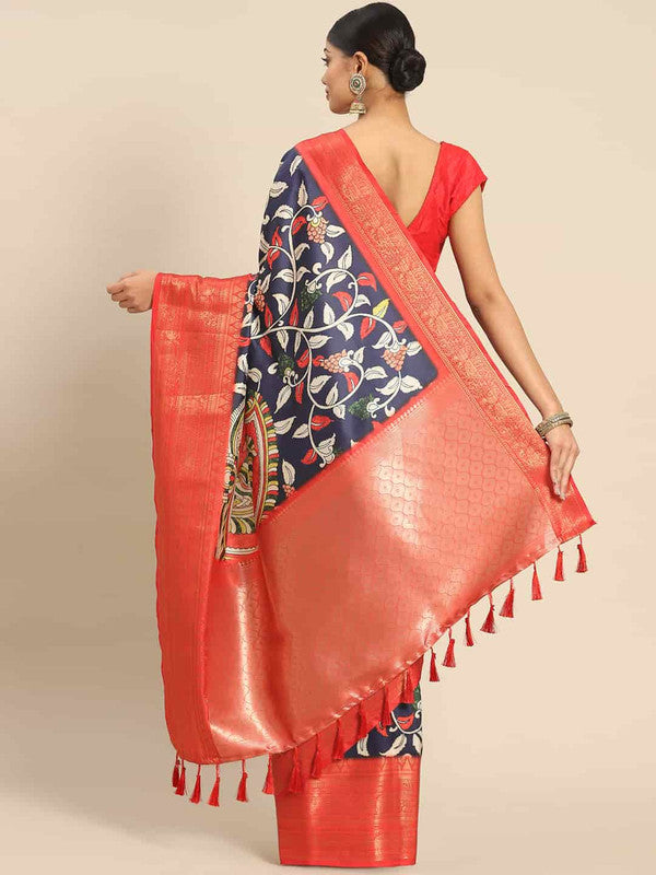 Navy Blue Art Silk Printed Kalamkari Saree with Unstitched Blouse - Hiral Fashion
