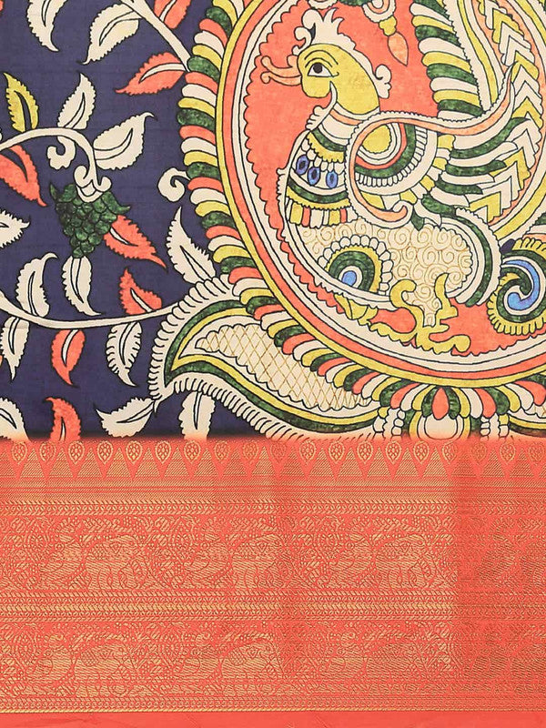 Navy Blue Art Silk Printed Kalamkari Saree with Unstitched Blouse - Hiral Fashion