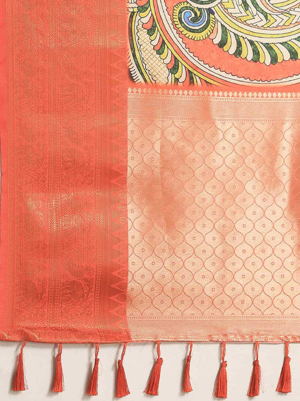 Navy Blue Art Silk Printed Kalamkari Saree with Unstitched Blouse - Hiral Fashion