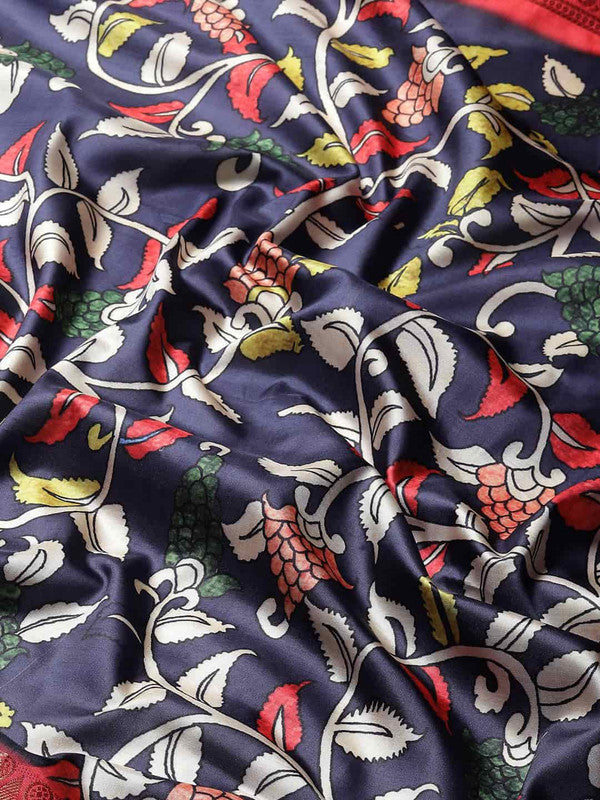 Navy Blue Art Silk Printed Kalamkari Saree with Unstitched Blouse - Hiral Fashion