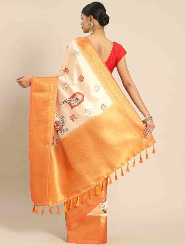 Peach Art Silk Printed Kalamkari Saree with Unstitched Blouse - Hiral Fashion
