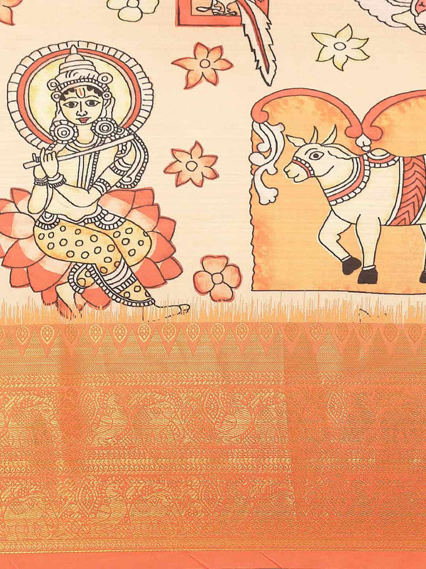Peach Art Silk Printed Kalamkari Saree with Unstitched Blouse - Hiral Fashion