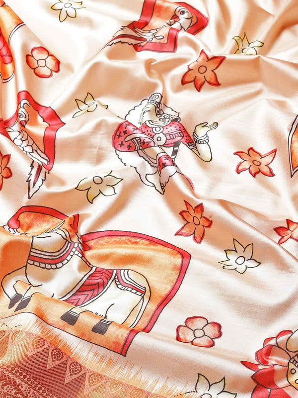 Peach Art Silk Printed Kalamkari Saree with Unstitched Blouse - Hiral Fashion
