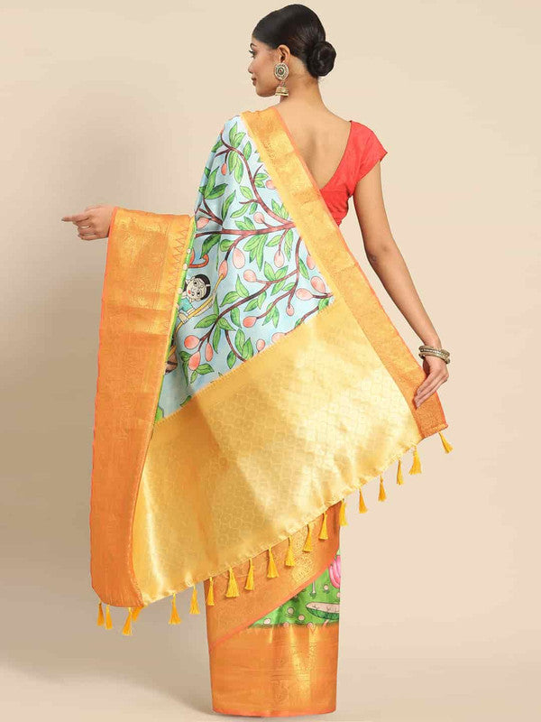 Blue Art Silk Printed Kalamkari Saree with Unstitched Blouse - Hiral Fashion