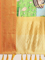 Blue Art Silk Printed Kalamkari Saree with Unstitched Blouse - Hiral Fashion