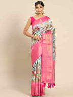 Blue Art Silk Printed Kalamkari Saree with Unstitched Blouse - Hiral Fashion