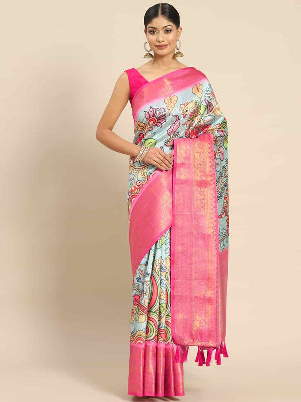 Blue Art Silk Printed Kalamkari Saree with Unstitched Blouse - Hiral Fashion