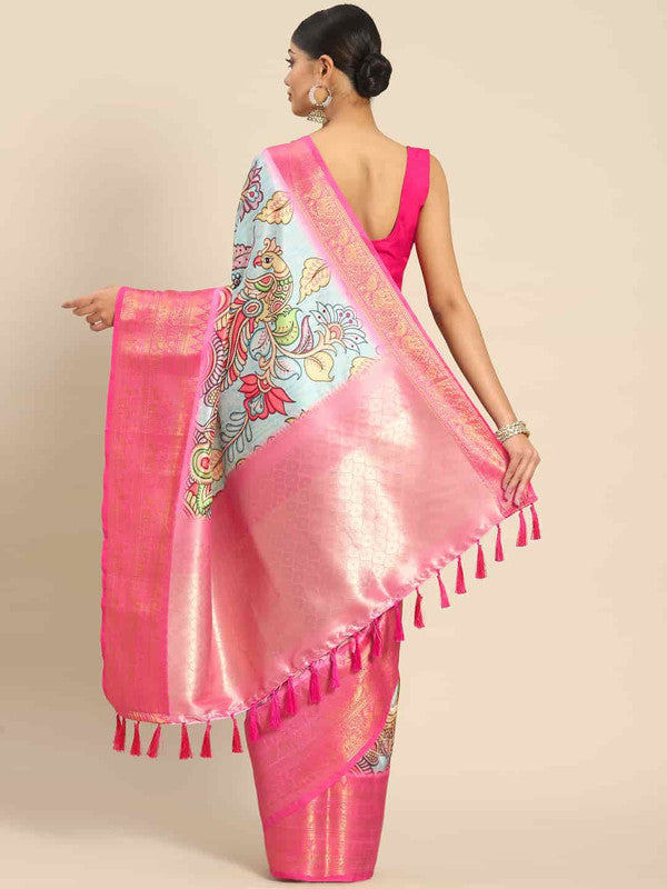 Blue Art Silk Printed Kalamkari Saree with Unstitched Blouse - Hiral Fashion
