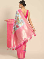 Blue Art Silk Printed Kalamkari Saree with Unstitched Blouse - Hiral Fashion