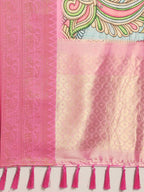 Blue Art Silk Printed Kalamkari Saree with Unstitched Blouse - Hiral Fashion
