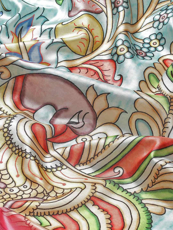 Blue Art Silk Printed Kalamkari Saree with Unstitched Blouse - Hiral Fashion