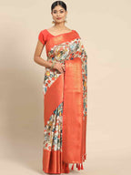White Art Silk Printed Kalamkari Saree with Unstitched Blouse - Hiral Fashion