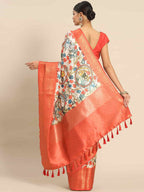 White Art Silk Printed Kalamkari Saree with Unstitched Blouse - Hiral Fashion
