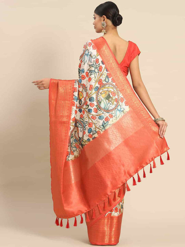White Art Silk Printed Kalamkari Saree with Unstitched Blouse - Hiral Fashion
