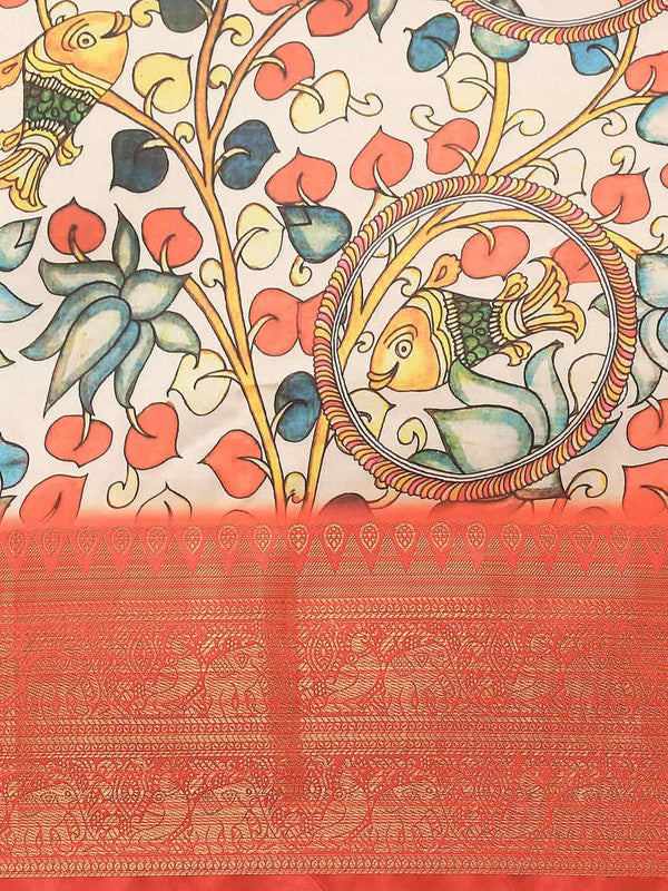 White Art Silk Printed Kalamkari Saree with Unstitched Blouse - Hiral Fashion
