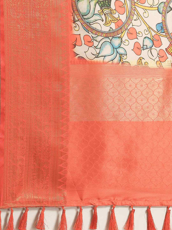 White Art Silk Printed Kalamkari Saree with Unstitched Blouse - Hiral Fashion