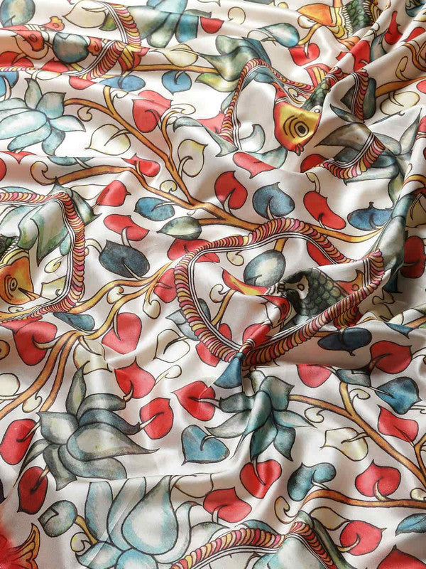 White Art Silk Printed Kalamkari Saree with Unstitched Blouse - Hiral Fashion