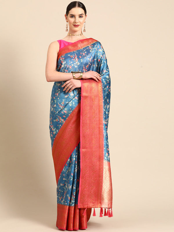 Turquoise Pure Silk Digital Print Floral Saree with Unstitched Blouse - Hiral Fashion