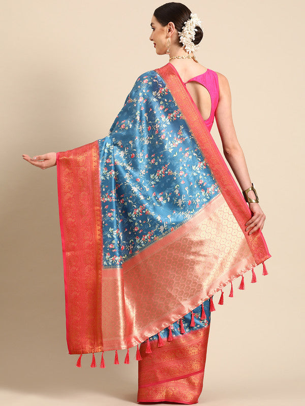 Turquoise Pure Silk Digital Print Floral Saree with Unstitched Blouse - Hiral Fashion