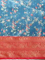 Turquoise Pure Silk Digital Print Floral Saree with Unstitched Blouse - Hiral Fashion