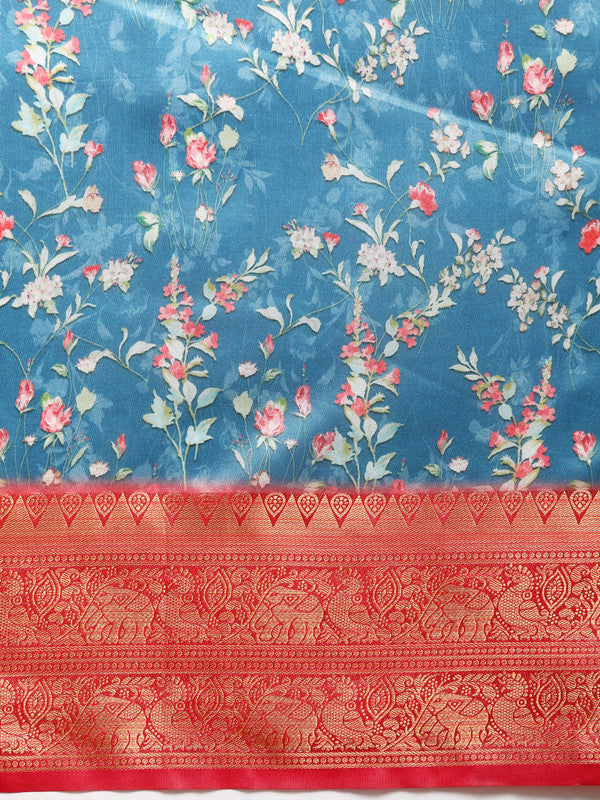 Turquoise Pure Silk Digital Print Floral Saree with Unstitched Blouse - Hiral Fashion