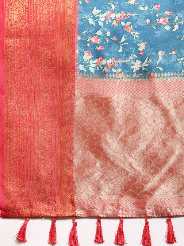 Turquoise Pure Silk Digital Print Floral Saree with Unstitched Blouse - Hiral Fashion