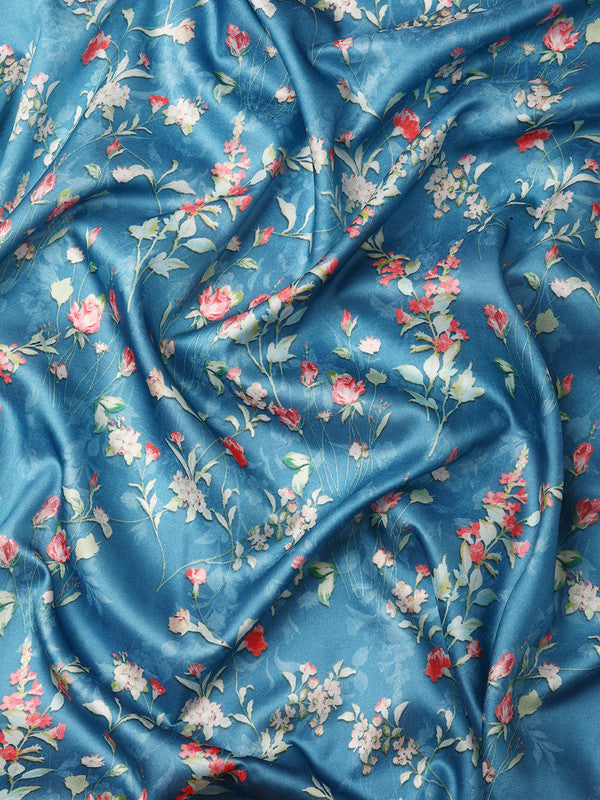 Turquoise Pure Silk Digital Print Floral Saree with Unstitched Blouse - Hiral Fashion