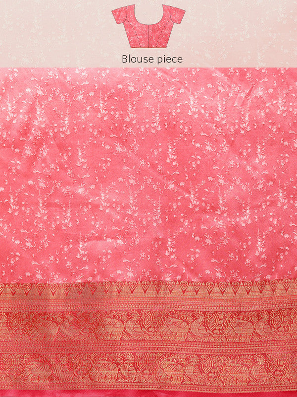 Turquoise Pure Silk Digital Print Floral Saree with Unstitched Blouse - Hiral Fashion