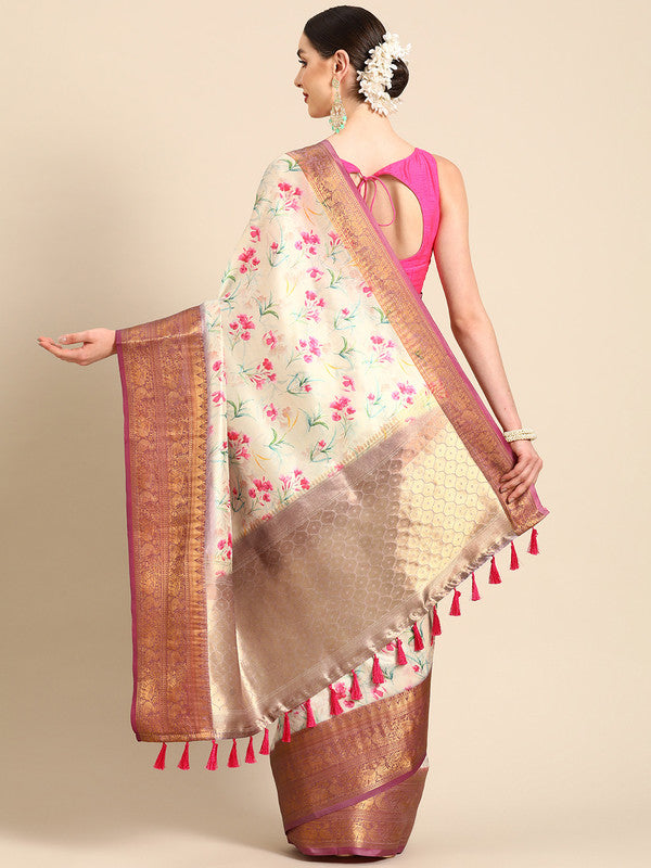 Beige Pure Silk Digital Print Floral Saree with Unstitched Blouse - Hiral Fashion