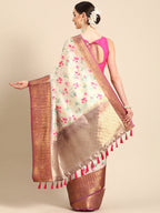 Beige Pure Silk Digital Print Floral Saree with Unstitched Blouse - Hiral Fashion